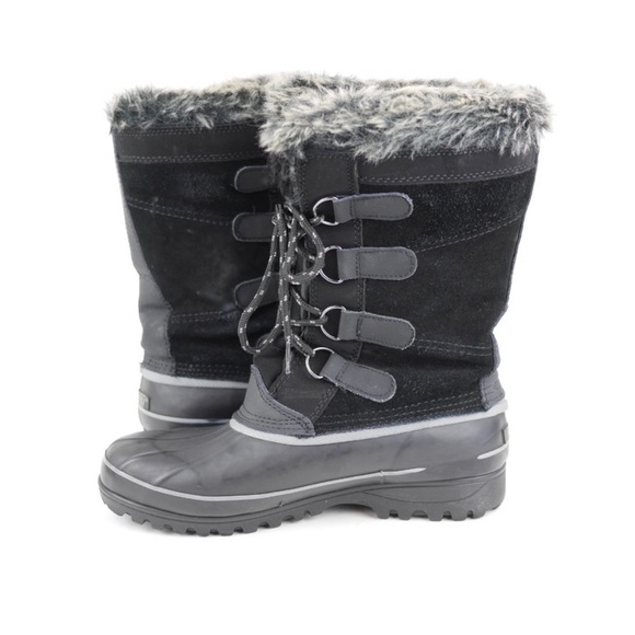 KHOMBU Women's Black Leather Rubber Winter Snow Boots Fleece Lined Mid Calf 7 - Picture 6 of 14